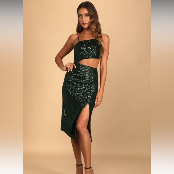 Shining Moment Green Sequin Asymmetrical Cutout Midi Dress - Picture 1 of 4